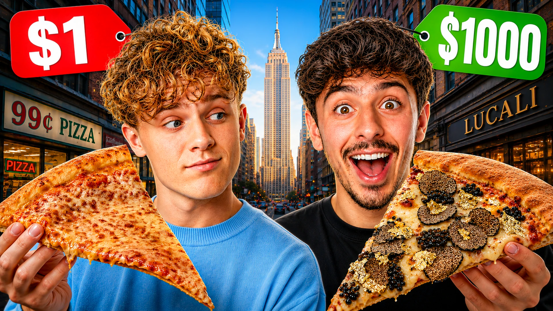 YouTube thumbnail comparing a one-dollar pizza with a thousand-dollar pizza in New York