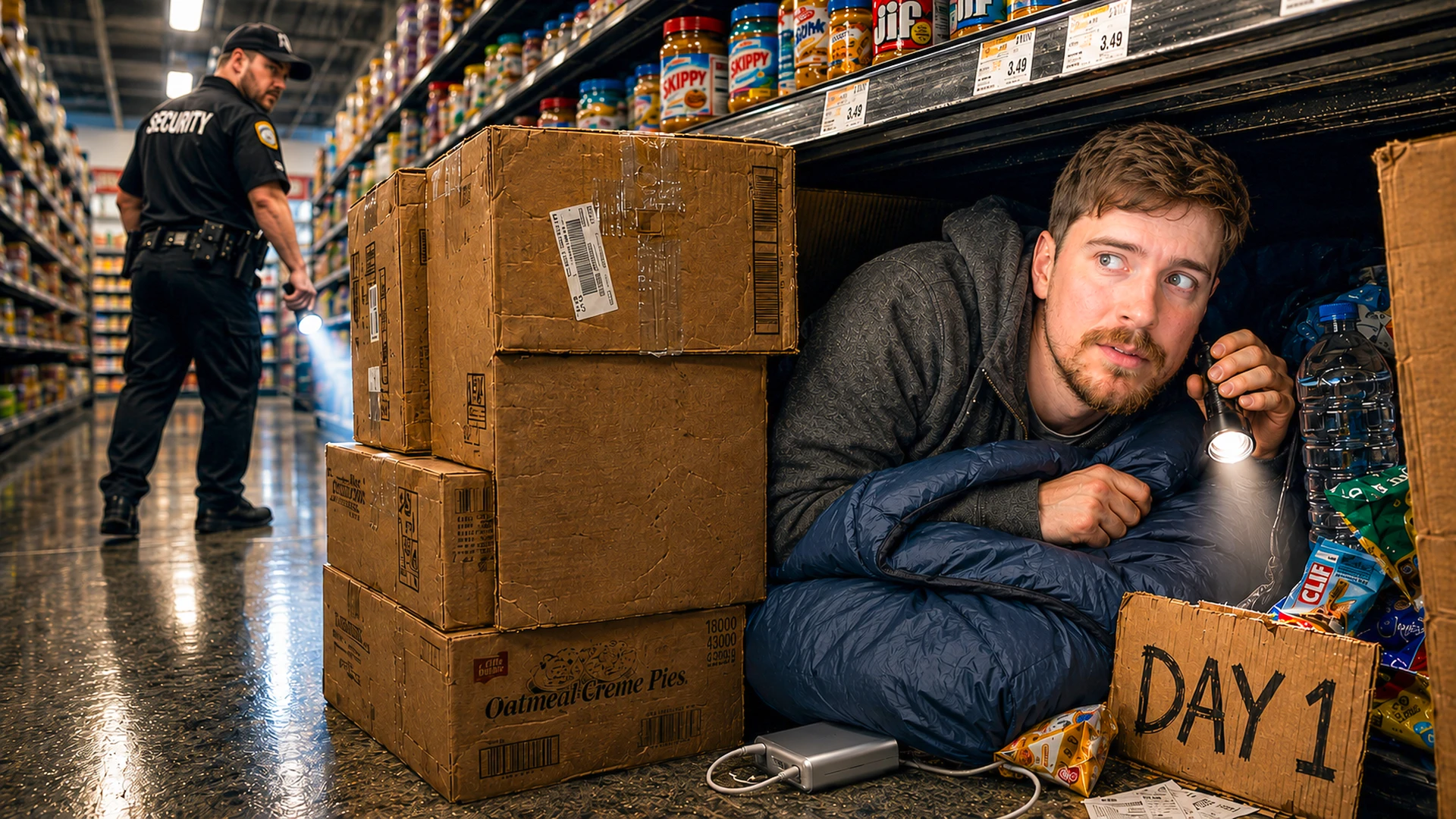 YouTube thumbnail showing a creator hiding overnight in a supermarket