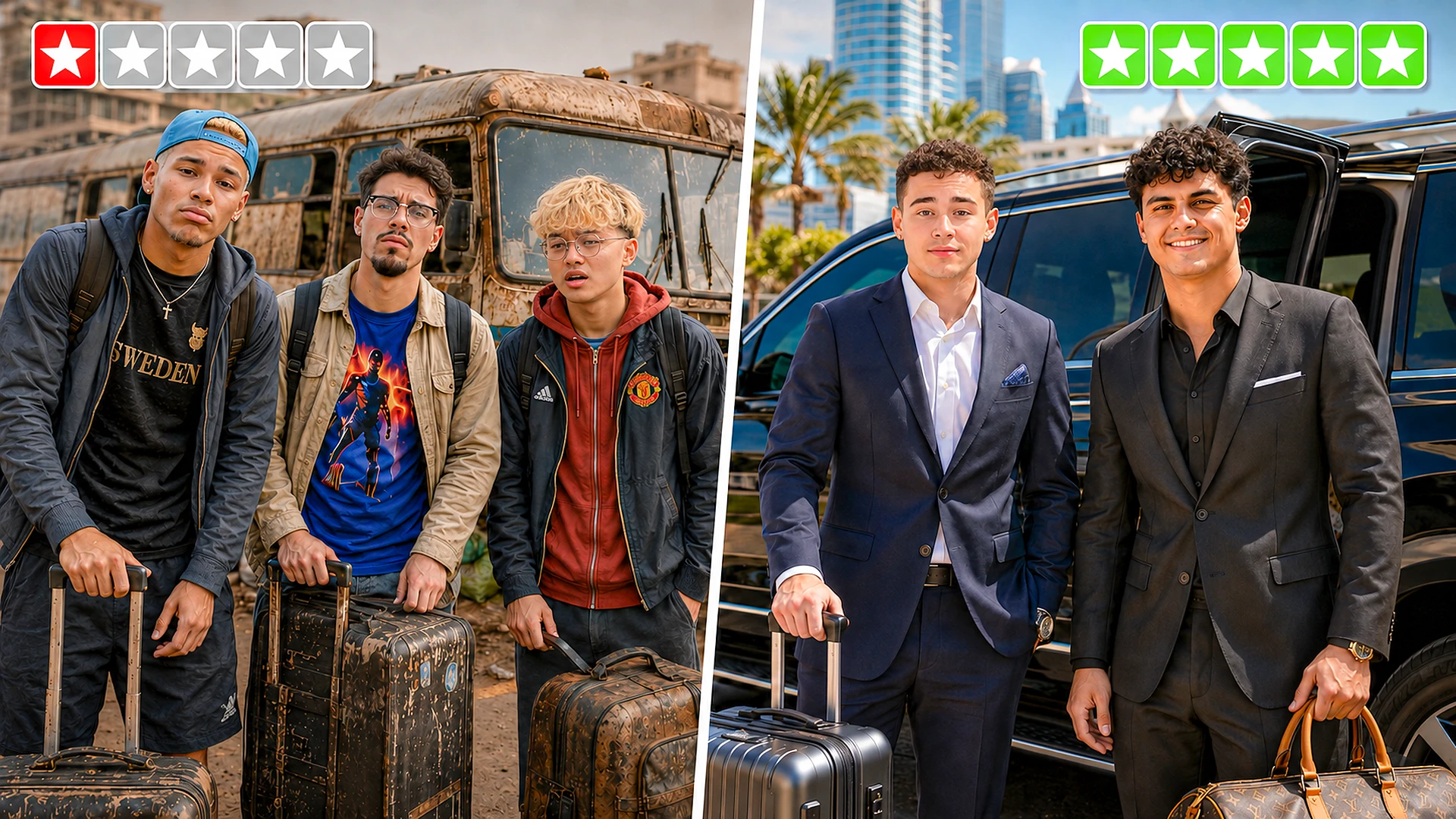 YouTube thumbnail comparing one-star and five-star travel experiences