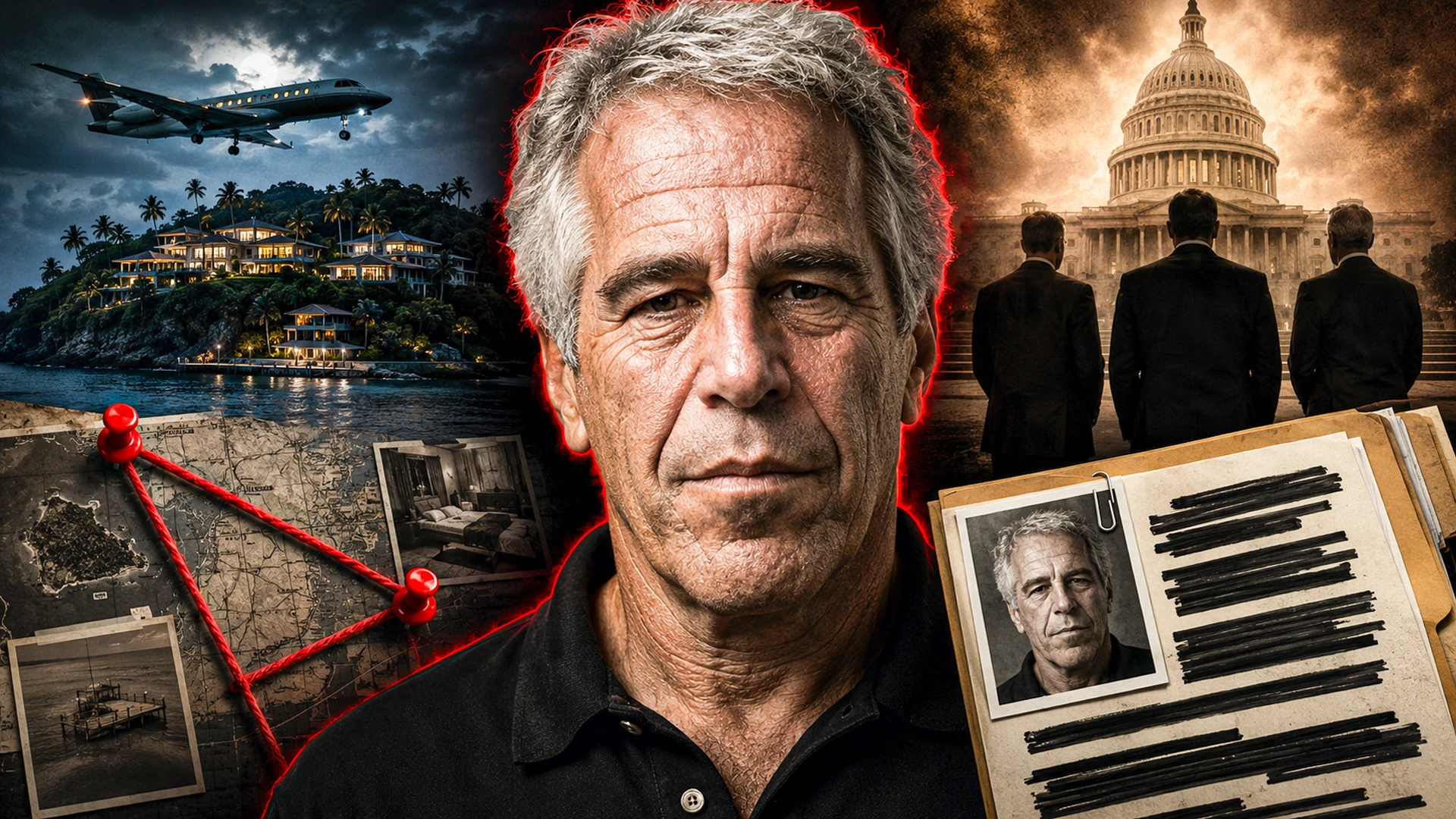 Investigative thumbnail with a central portrait, island, map, and government building