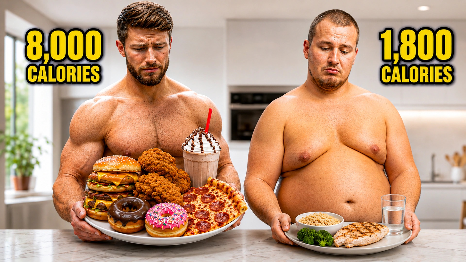 Thumbnail comparing an eight-thousand-calorie meal with an eighteen-hundred-calorie meal