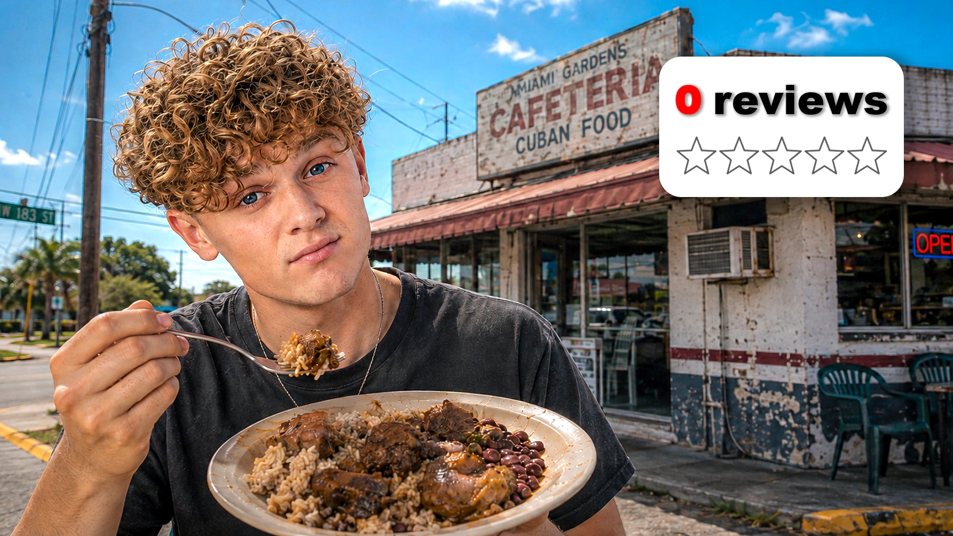 Thumbnail showing a creator trying food outside a restaurant with zero reviews