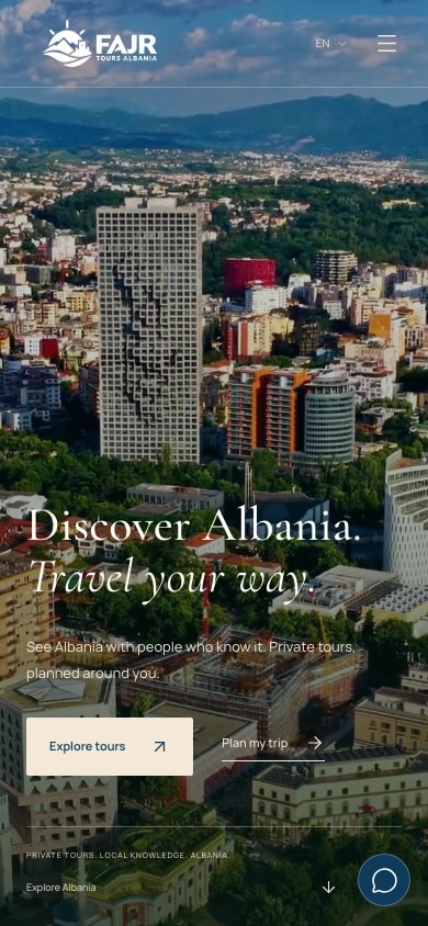 Fajr Tours Albania mobile homepage with Tirana scenery and tour planning controls