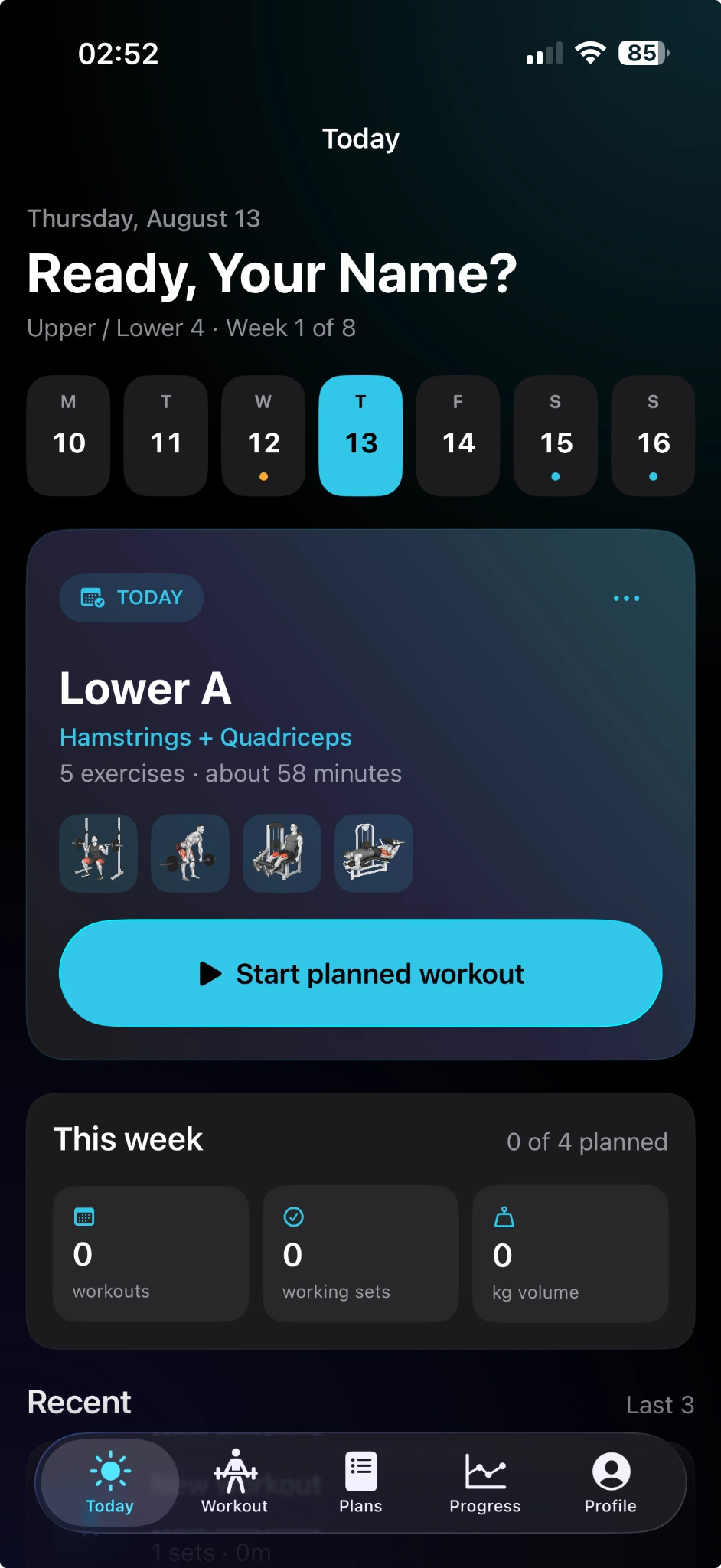GainOS Today screen with a Lower A workout and weekly training plan