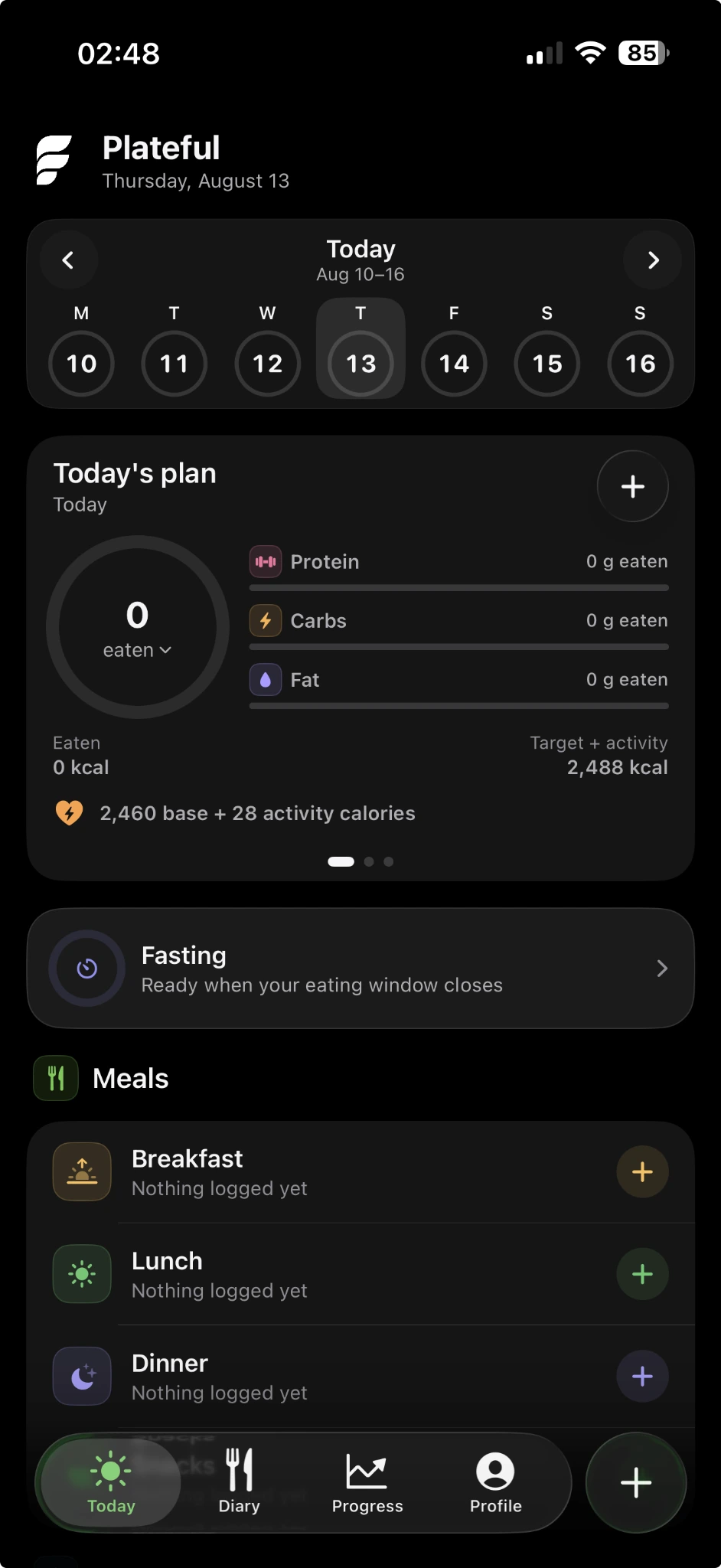 Plateful Today screen showing calories, macros, fasting, and meals