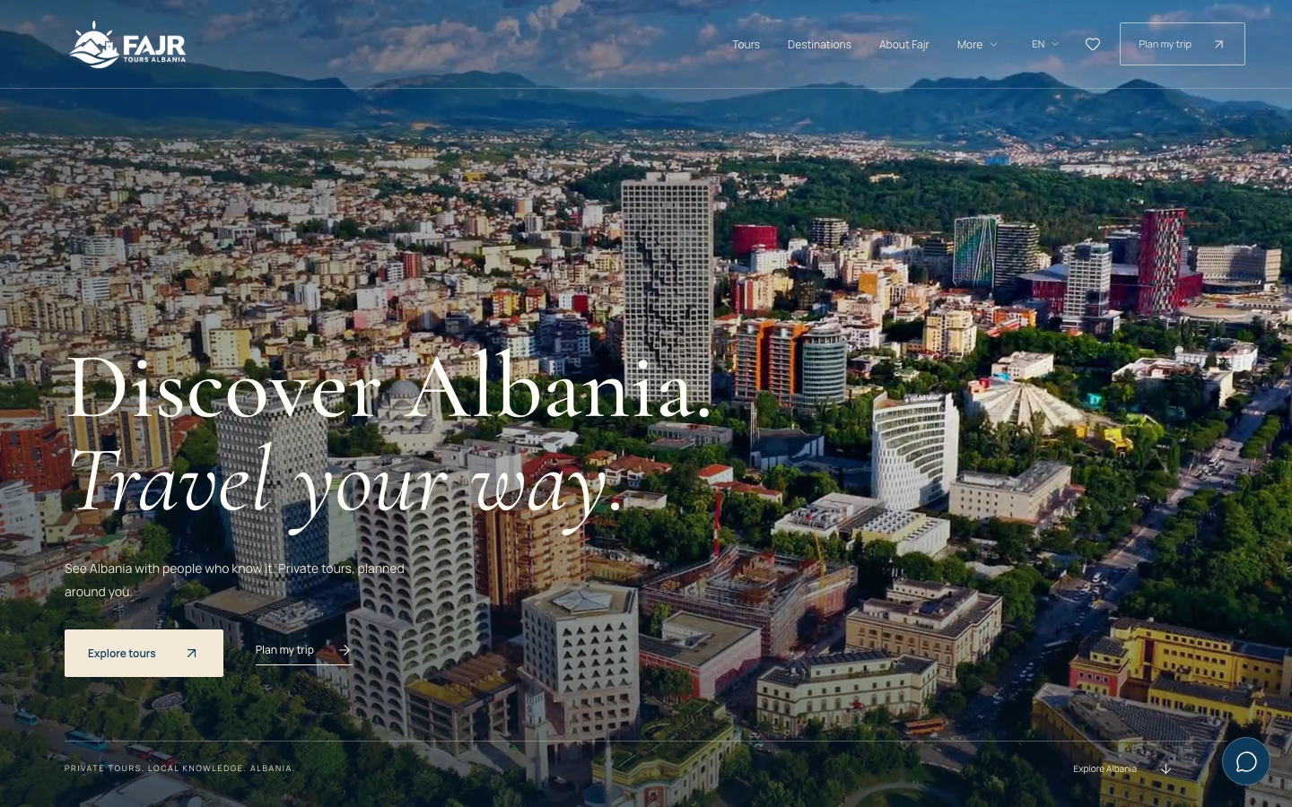 Fajr Tours Albania homepage with an aerial view of Tirana and private tour navigation