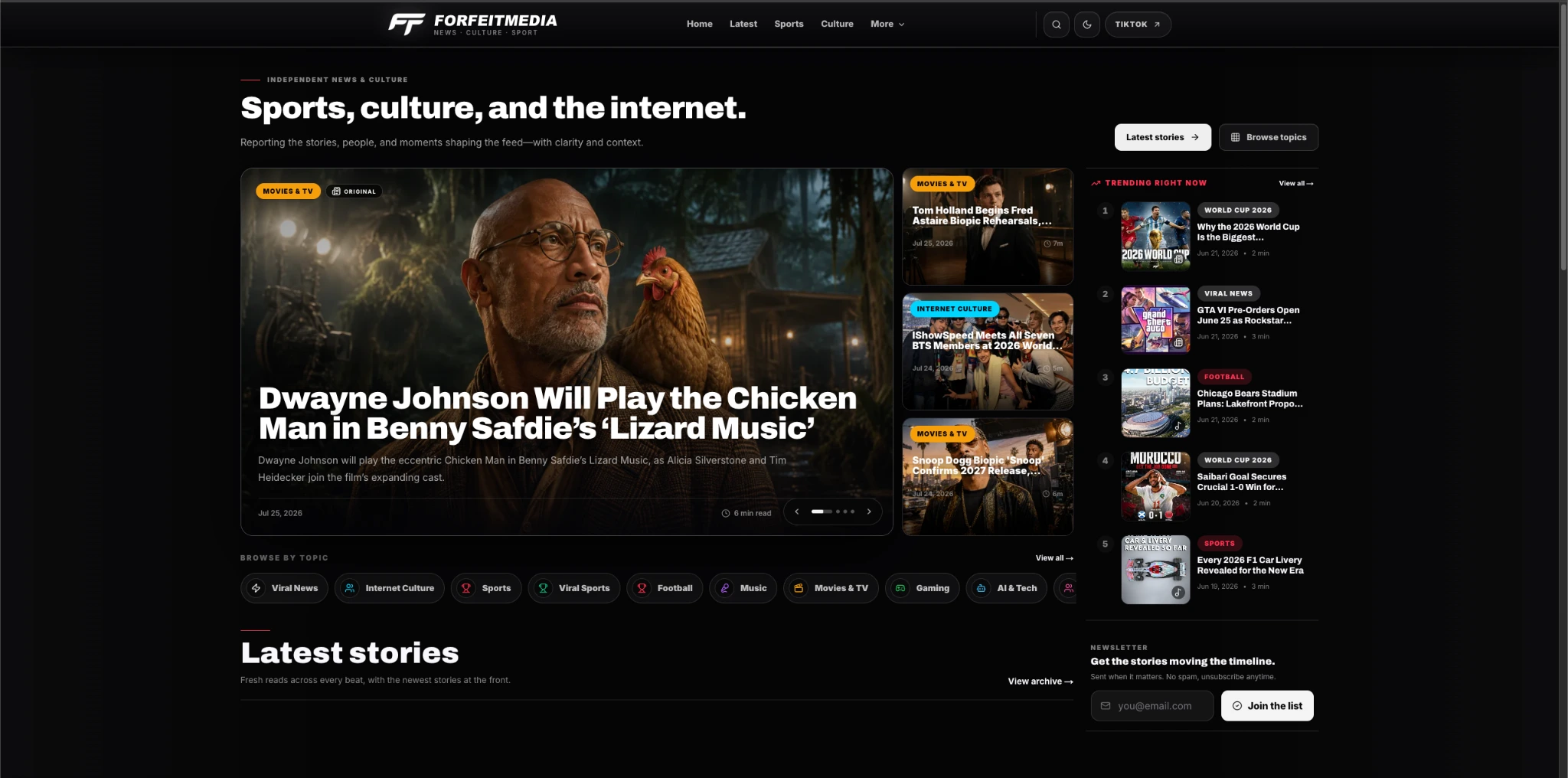 ForfeitMedia homepage with a lead story, trending stories, topics, and latest news
