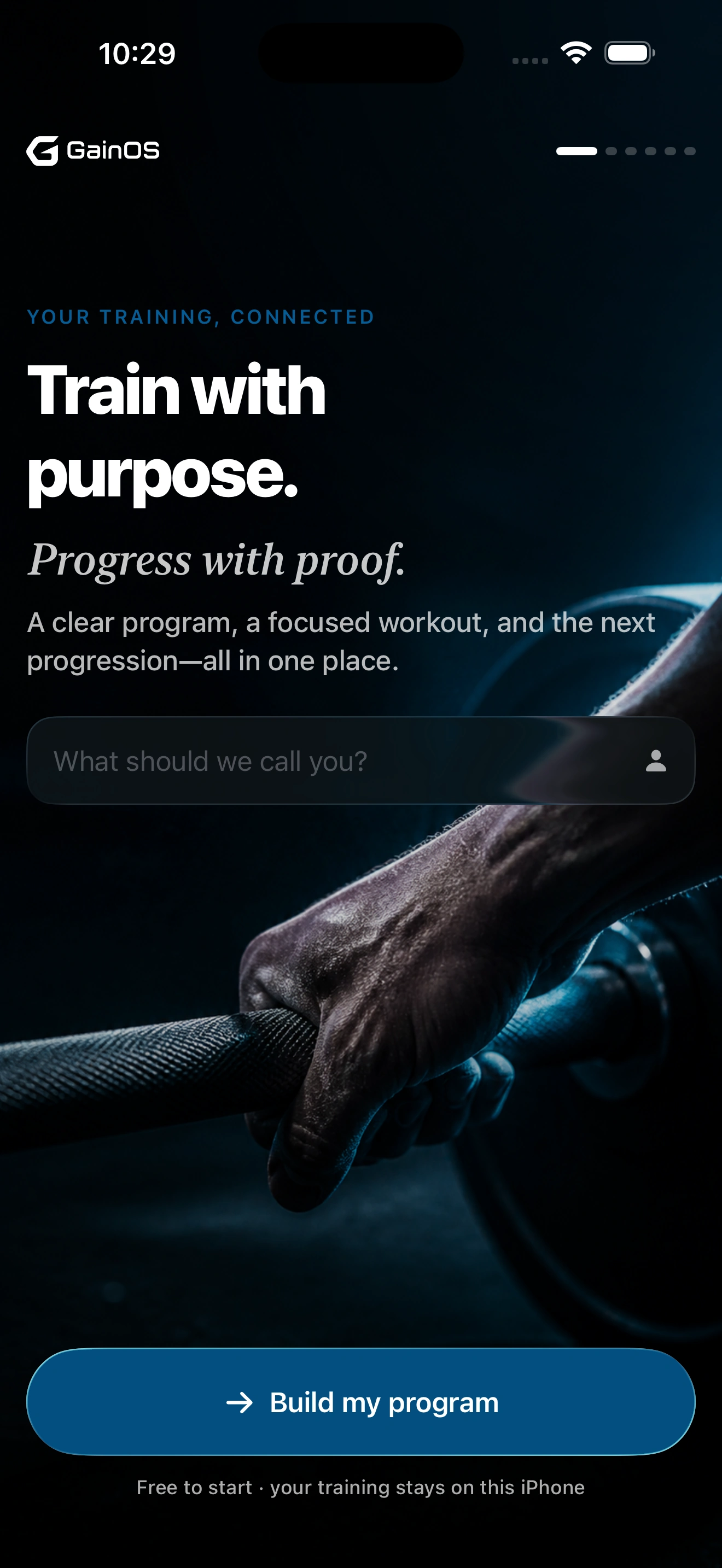 GainOS welcome screen with Train with purpose headline and program setup