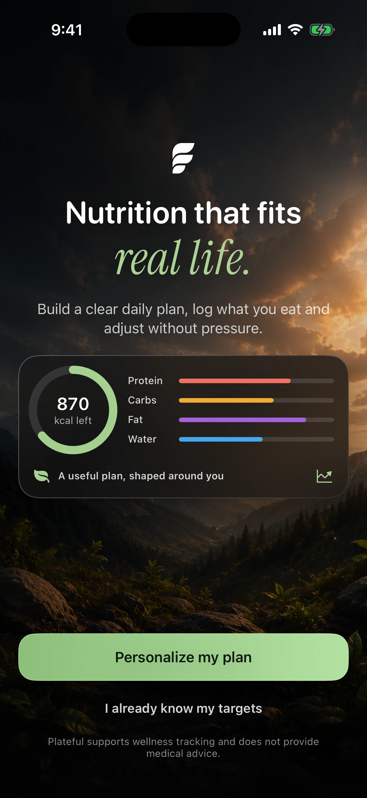 Plateful welcome screen with a mountain landscape and personalized nutrition introduction